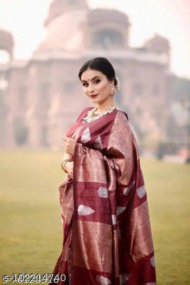 Art Silk Saree with Blouse for Women – Dark Red