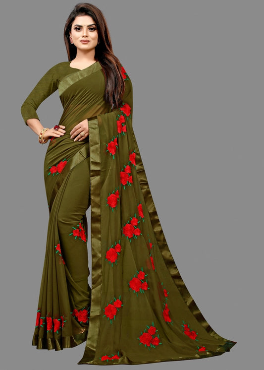 Georgette Embroidered Saree for Women – Bottle Green