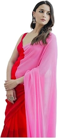 Georgette Colour blocked Saree for Women – Red &amp; Pink