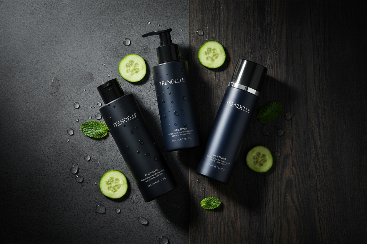 Premium men’s skincare banner, luxury dark aesthetic, face wash, moisturizer and serum bottles, matte black and navy blue packaging, brand name “Trendelle” on products, water droplets, cucumber slices and mint leaves, concrete and dark wood background, cinematic lighting, ultra realistic, high-end skincare advertising, 4k
